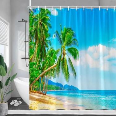 Imagem de Cortinas de chuveiro de praia, ondas do mar, estrela-do-mar, coqueiro, flores, plantas, cenário natural, jardim, pendurar na parede, decoração de banheiro, 39 x 75 pol. - 100 x 190 cm/LxA, conjunto de