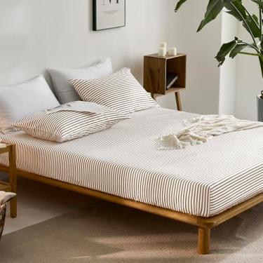 Imagem de JELLYMONI Lençol King Size, 100% algodão, macio e respirável, bolso profundo com listras cáqui (1 peça), lavável na máquina