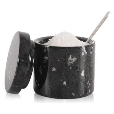 Imagem de SPESHSTONES Adega de sal de mármore com tampa e colher - pote de temperos - armazenamento de cozinha - caixa de sal - recipiente de tempero feito à mão - açucareiro (preto)