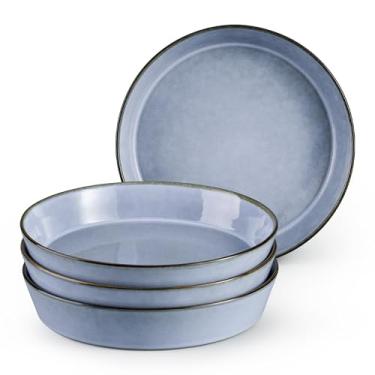 Imagem de E-far Tigelas de massa, tigela de grés de 1000 ml para jantar, servir, sopa, salada, grande e rasa, conjunto de 4 pratos de massa de cerâmica, seguro para micro-ondas e lava-louças, esmalte reativo