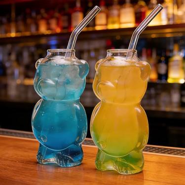 Imagem de HJJWNDDNG 2/4 pçs copo de café urso fofo mel urso copo copo de vidro com canudo 325 ml cerveja vinho coquetel copos para casa bar cozinha restaurante (2 peças)