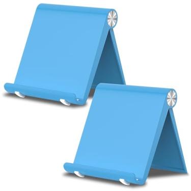 Imagem de HZZADZXW Suporte dobrável para celular, suporte portátil para celular, base ajustável para tablet, acessórios de mesa de escritório para iPhone 17 16 15 14 13 Pro Max Air, Galaxy S25, S24, azul e azul