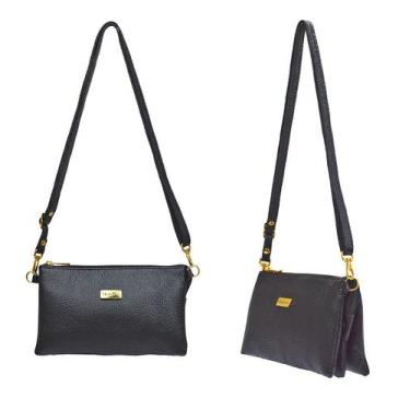 Imagem de Bolsa Feminina Transversal Pequena Preta em Couro Alça Comprida Regulá