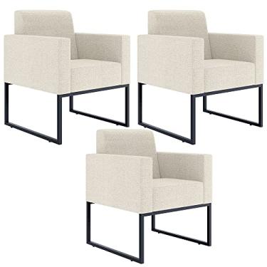 Imagem de Kit 03 Poltronas Decorativas Sala e Recepção Base Fixa Metal Helô L02 Linho Champanhe - Lyam Decor