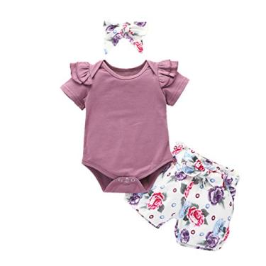 Imagem de Body infantil para bebês meninas cor sólida manga curta gola redonda tops + shorts com estampa floral + roupas de tiaras
