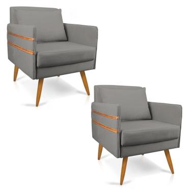 Imagem de Kit 02 Poltronas Mari Suede Grafite Pés Palito Castanho