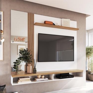 Imagem de Painel Para TV Sala Quarto Até 50 Polegadas 160cm Branco Marrom Com Espelho Prateleira Vidro Nichos