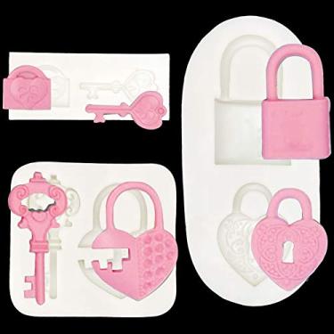 Imagem de KuuGuu Pacote com 3 formas de chave de bloqueio molde de fondant de silicone, molde de fabricação de doces moldes de chocolate molde de artesanato faça você mesmo ferramentas de cozimento de decoração de bolo artesanais