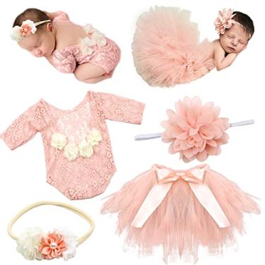 Imagem de SPOKKI 4 peças de acessórios para fotografia de recém-nascidos - Babytutu saia fofa laço e macacão de renda conjunto de faixa de cabeça para bebês meninas e meninos, Ph227-h, 0-12months