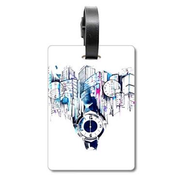 Imagem de Relógio de construção moderno da cidade em aquarela, bolsa de bagagem, etiqueta para cartão de bagagem