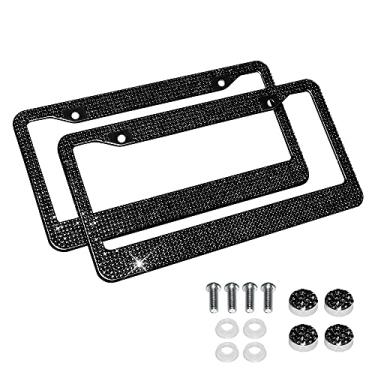 Imagem de 2 peças de molduras de placa de carro com diamantes de cristal brilhante + 2 pacotes de acessórios de parafusos de bônus combinando, preto