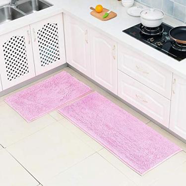 Imagem de DAUERHAFT Tapete de banho fácil de limpar com chenille absorvente de água, 2 peças/conjunto de tapete de chenille antiderrapante, para banheiro (rosa)