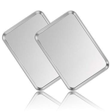 Imagem de Conjunto de 2 assadeiras de aço inoxidável para assadeira da Deedro, bandeja de metal para assar, não tóxica e resistente, sem ferrugem e com acabamento espelhado, fácil de limpar e pode ir à lava-louças, 50 x 35 x 3,3 cm