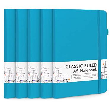 Imagem de Pacote com 5 cadernos de diário feela em massa para escola, cadernos de negócios de capa dura clássicos pautados com suporte de caneta para anotações de trabalho, com 5 canetas pretas, 120 g/m2, 13 x