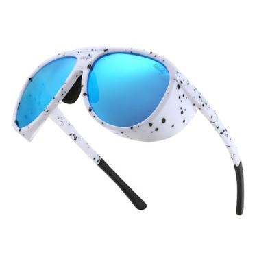 Imagem de FEISEDY Óculos de sol polarizados aviador masculino feminino grande redondo Steampunk óculos escuros laterais B0095, Armação branca e lente espelhada azul, 60mm