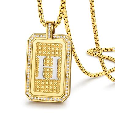 Imagem de Zillaly Colar com pingente de iniciais masculino feminino letras maiúsculas ouro 18K A-Z diamante corrente quadrada joias presentes para homens e mulheres meninos presentes de Natal para marido namorado filho presente de Natal, Aço inoxidável, Sem pedras preciosas