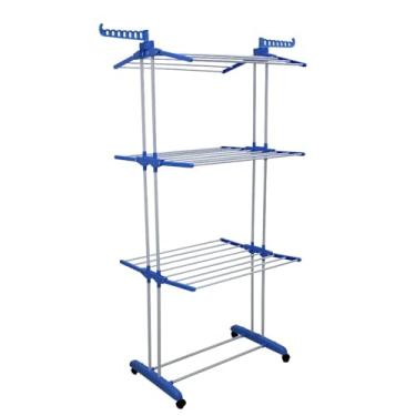 Imagem de Varal De Chão Grande De Roupas 3 Andares Dobrável Cor Azul