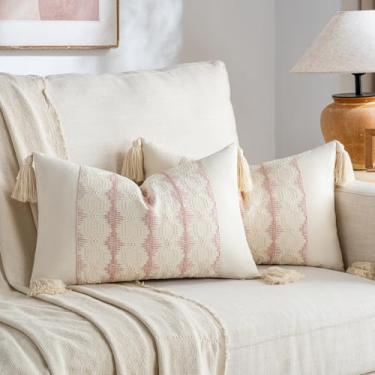 Imagem de Fancy Homi Conjunto de 2 fronhas decorativas boho rosa lombar 30 x 50 cm para sofá-cama poltrona, decoração de casa de fazenda orgânica moderna, capa de almofada retangular de algodão macio com