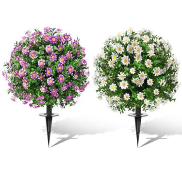 Imagem de Conjunto de 2 bolas artificiais de buxo com flores de girassol com pontas para ambientes externos, arbustos artificiais resistentes a UV, plantas de arbustos falsos realistas para jardim, quintal