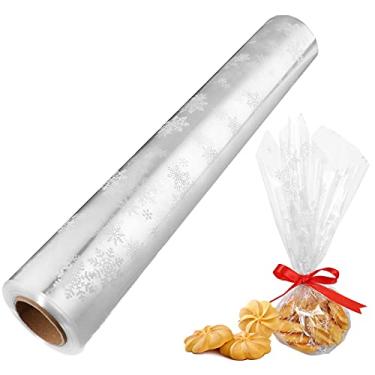 Imagem de NUOBESTY Rolo de celofane de floco de neve de Natal, 3 mm de espessura, papel de celofane transparente de floco de neve, enfeites de cestas de papel de embrulho de Natal (3000 x 86 cm)