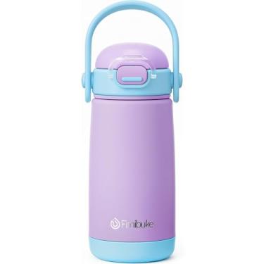 Imagem de Fimibuke Garrafa de água isolada infantil com tampa e alça de canudo - 400 ml livre de BPA 18/8 copo de metal de aço inoxidável à prova de vazamento de parede dupla copo infantil garrafa de água