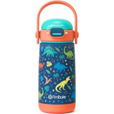 Imagem de Fimibuke Garrafa de água isolada infantil com tampa e alça de canudo - 400 ml livre de BPA 18/8 copo de metal de aço inoxidável à prova de vazamento de parede dupla copo infantil garrafa de água