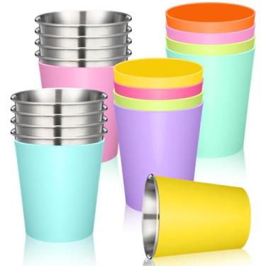 Imagem de Singhoow Pacote com 8 copos infantis de aço inoxidável de 293 ml com manga de silicone empilháveis copos de metal colorido arco-íris para crianças copos quentes e frios
