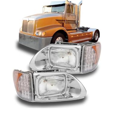 Imagem de YUANJUFITT Faróis de luz a vácuo para International 9200, 9200i SBA, 5900, 5900i, 5900i SBA, 9400, 9400i SBA, com luzes de seta LED, montagem de faróis e acessórios de caminhão (um par)