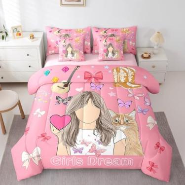 Imagem de Erosebridal Jogo de cama solteiro com tema de música rosa, bola de discoteca, violão, 7 peças, para meninas e crianças, para meninas e crianças, lençol de cima, lençol de cima e fronhas