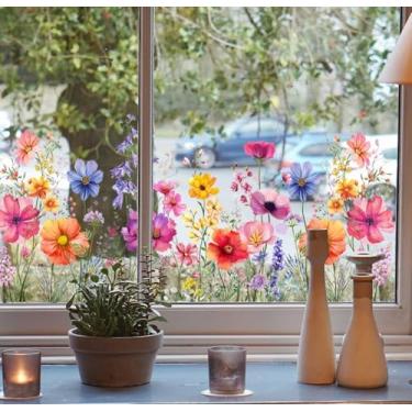 Imagem de Lilacanthara Adesivos de janela de flores coloridas adesivos de janela buquê floral dupla face jardim primavera verão adesivos de janela aquarela flores silvestres decalques decoração de casa (30 x