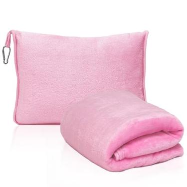 Imagem de Cobertor e travesseiro conversível 2 em 1 - ultramacio, compacto e embalável com manga de bagagem de mão e clipe de mochila para voo e carro, rosa