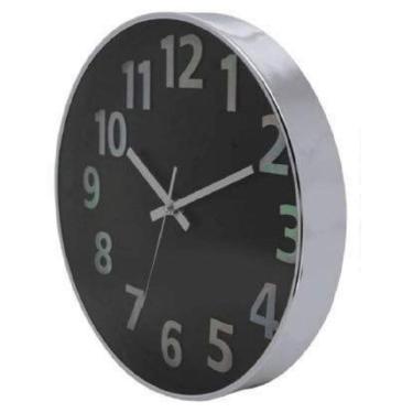 Imagem de Relógio De Parede 25Cm Números Grandes Preto Borda Prata