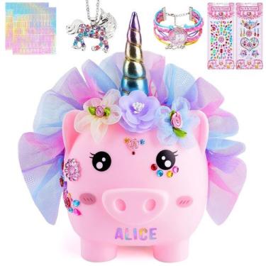 Imagem de Piggy Bank Play Tailor Unicorn DIY Rosa 15x14x14 cm
