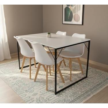 Imagem de Conjunto Mesa de Jantar Retangular com Pés de Ferro + 4 Cadeiras Estofadas Leda (Mesa Branca/Cadeiras Brancas)