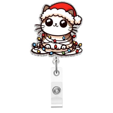 Imagem de Carretel de crachá de Natal, crachá de acrílico de gato fofo para crachá de identificação, chapéu de Natal divertido, suporte de crachá retrátil telescópico, acessórios de clipe de jacaré para