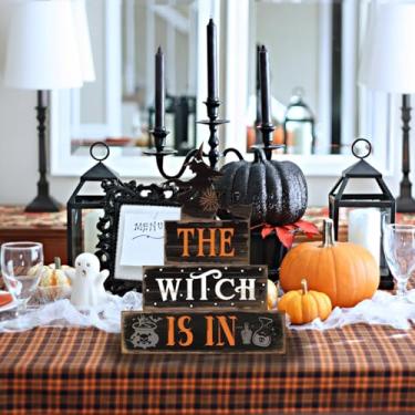 Imagem de Decoração de Halloween para ambientes internos - Sinais de bruxa de madeira rústica para decoração de casa de fazenda, cozinha, prateleira, sala de estar, decorações de mesa, adequado para mesa de