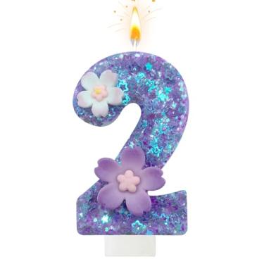 Imagem de Vela de aniversário de flor roxa, número 2 velas de aniversário para bolo, 2 velas para primeiro aniversário, decoração de bolo, aniversário de casamento e outras celebrações (roxo 2)