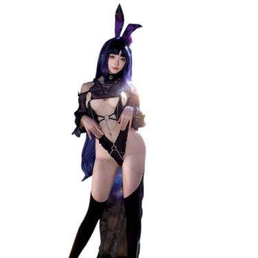 Imagem de SENJIY Roupa de coelho sexy para mulheres, lingerie, fantasia, cosplay, playboy, roupa íntima de renda, babydoll, anime, encenação, Natal, orelhas de coelho, body gargantilha e cauda, conjunto preto