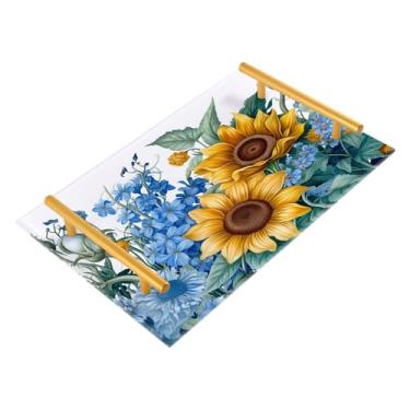 Imagem de Wassud Girassóis e Bluebells (2) Bandeja de banheiro com alças organizador de perfume de joias de acrílico para banheiro, quarto, cozinha, balcão 30 x 20 cm