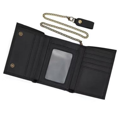 Imagem de AurexaFashion Carteira masculina de couro genuíno com três dobras, bloqueio de RFID, suporte para cartão de grande capacidade com janela para identidade, Preto com corrente de metal, Short, Carteira