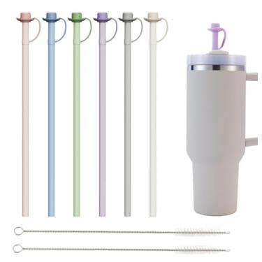Imagem de Canudos de silicone reutilizáveis com canudos de caubói tampa para Stanley Cup 1,134 g 850,5 g 567 g - 30,5 cm canudos reutilizáveis longos com capa de palha, (6 canudos de silicone 2 escovas de