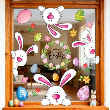 Imagem de AnyDesign Adesivos de janela de coelhinho da páscoa adesivos engraçados coelho flor ovo reutilizável decoração para festa de primavera loja casa sala de aula, 5 folhas