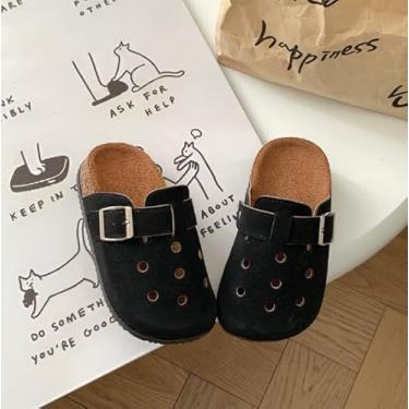 Imagem de Sandália infantil com design perfurado, fivela ajustável, palmilha de cortiça, confortável, salto aberto, calçado casual, Preto, 10 Toddler