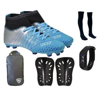Imagem de Chuteira Campo Botinha UZ Cravo Adulto + Caneleira + Meião + Relógio +