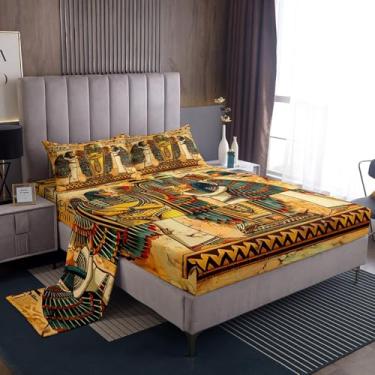 Imagem de Erosebridal Jogo de lençol dourado egípcio exótico, retrô, para adultos, homens e mulheres, pirâmide de faraó, vintage, estampa egípcia, retrô, para quarto dourado