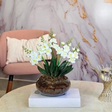 Imagem de Arranjo Flores Artificiais Orquídeas Vaso de Vidro,Sem Manutenção, Durável, Realista,Decora Sala & Escritório para Amantes de Decoração(Branco)