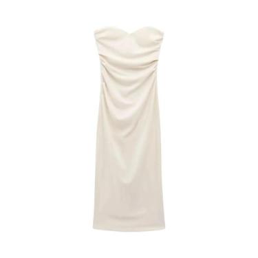 Imagem de Vestido Midi Sem Alças Para Mulheres Com Decote Coração E Frente Pregu