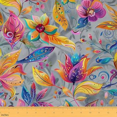 Imagem de Feelyou Groovy Floral Fabric by The Yard Botanical Floral Impresso Tecido de Estofamento Flor Padrão de Flores Impermeável Decoração Interior Exterior Tema Natural 1 jarda Amarelo Cinza