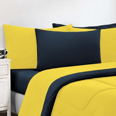 Imagem de Kit Edredom + Jogo De Lençol Malha 100% Algodão Gran Moratta 7 Peças Queen - Amarelo/Azul Marinho