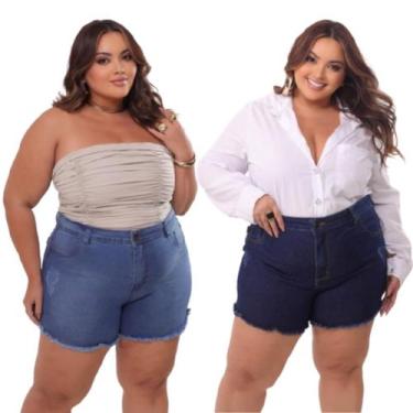 Imagem de KIT 2 Shorts Jeans Plus Size Feminino com lycra desfiado Cintura Alta 
